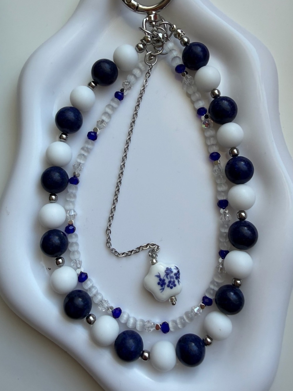 Handmade Blue and White Beaded Necklace with Floral Pendant